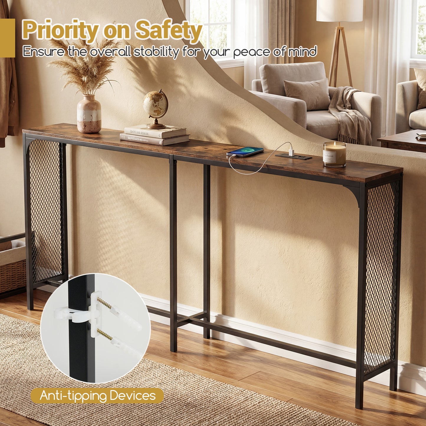 71 Inch Narrow Console Table with Power Outlet for Small Space, Rustic Brown Console Tables at Gallery Canada