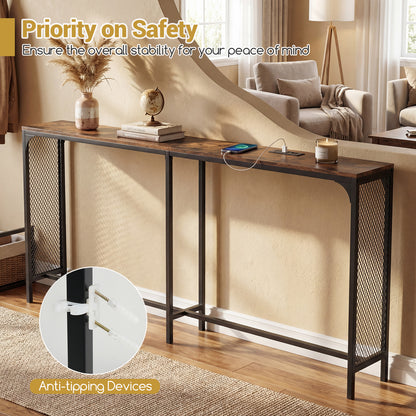 71 Inch Narrow Console Table with Power Outlet for Small Space, Rustic Brown Console Tables at Gallery Canada