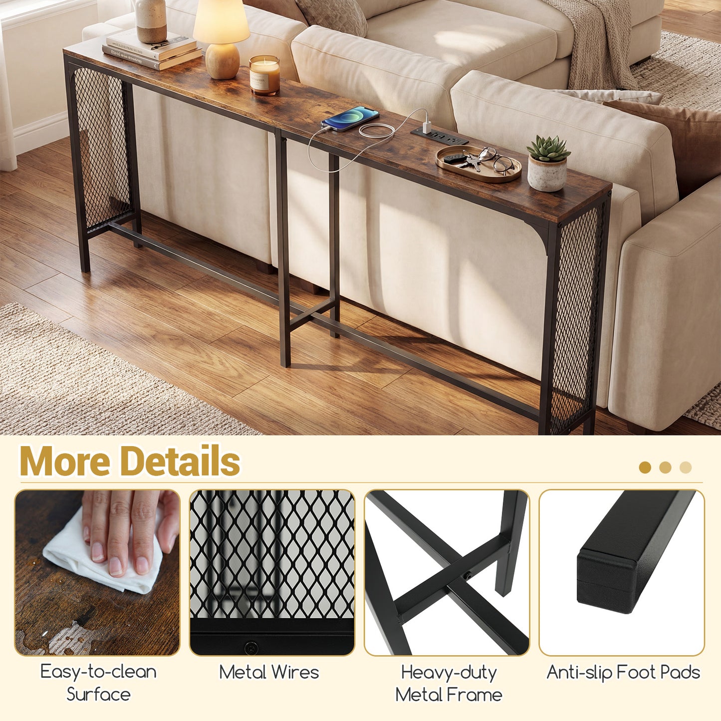 71 Inch Narrow Console Table with Power Outlet for Small Space, Rustic Brown Console Tables at Gallery Canada