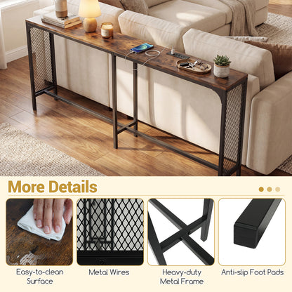 71 Inch Narrow Console Table with Power Outlet for Small Space, Rustic Brown Console Tables at Gallery Canada