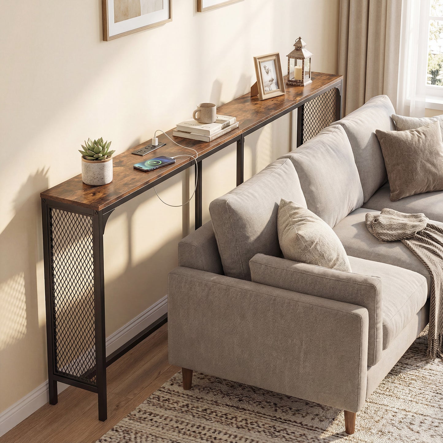 71 Inch Narrow Console Table with Power Outlet for Small Space, Rustic Brown Console Tables at Gallery Canada