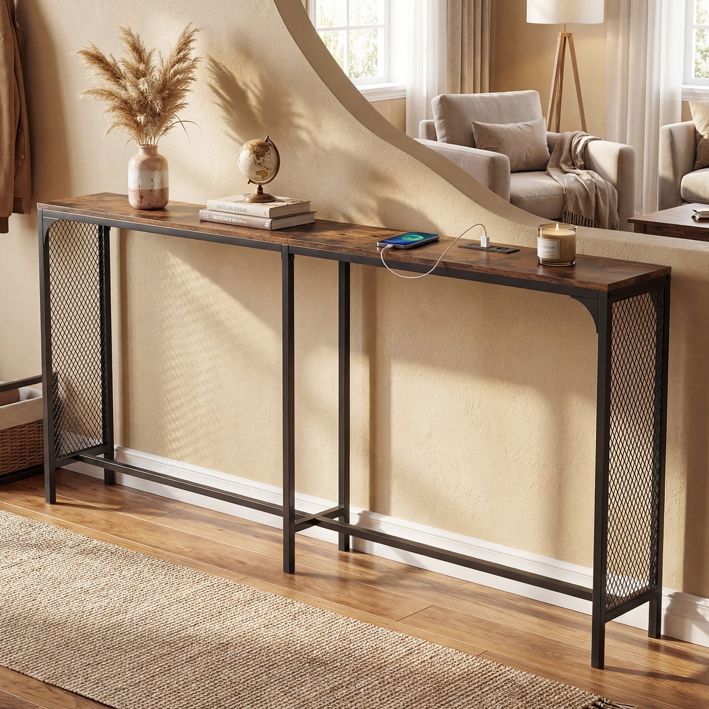 71 Inch Narrow Console Table with Power Outlet for Small Space, Rustic Brown Console Tables at Gallery Canada