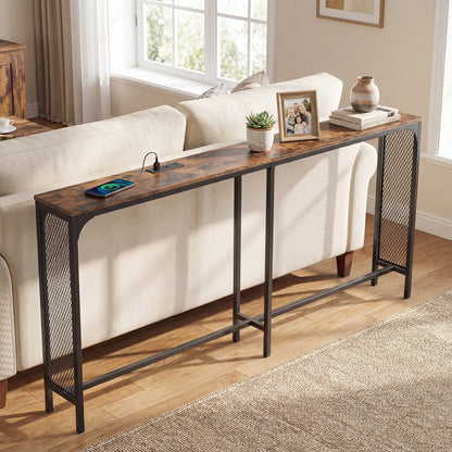 71 Inch Narrow Console Table with Power Outlet for Small Space, Rustic Brown Console Tables at Gallery Canada