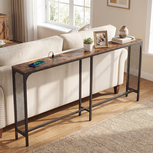 71 Inch Narrow Console Table with Power Outlet for Small Space, Rustic Brown