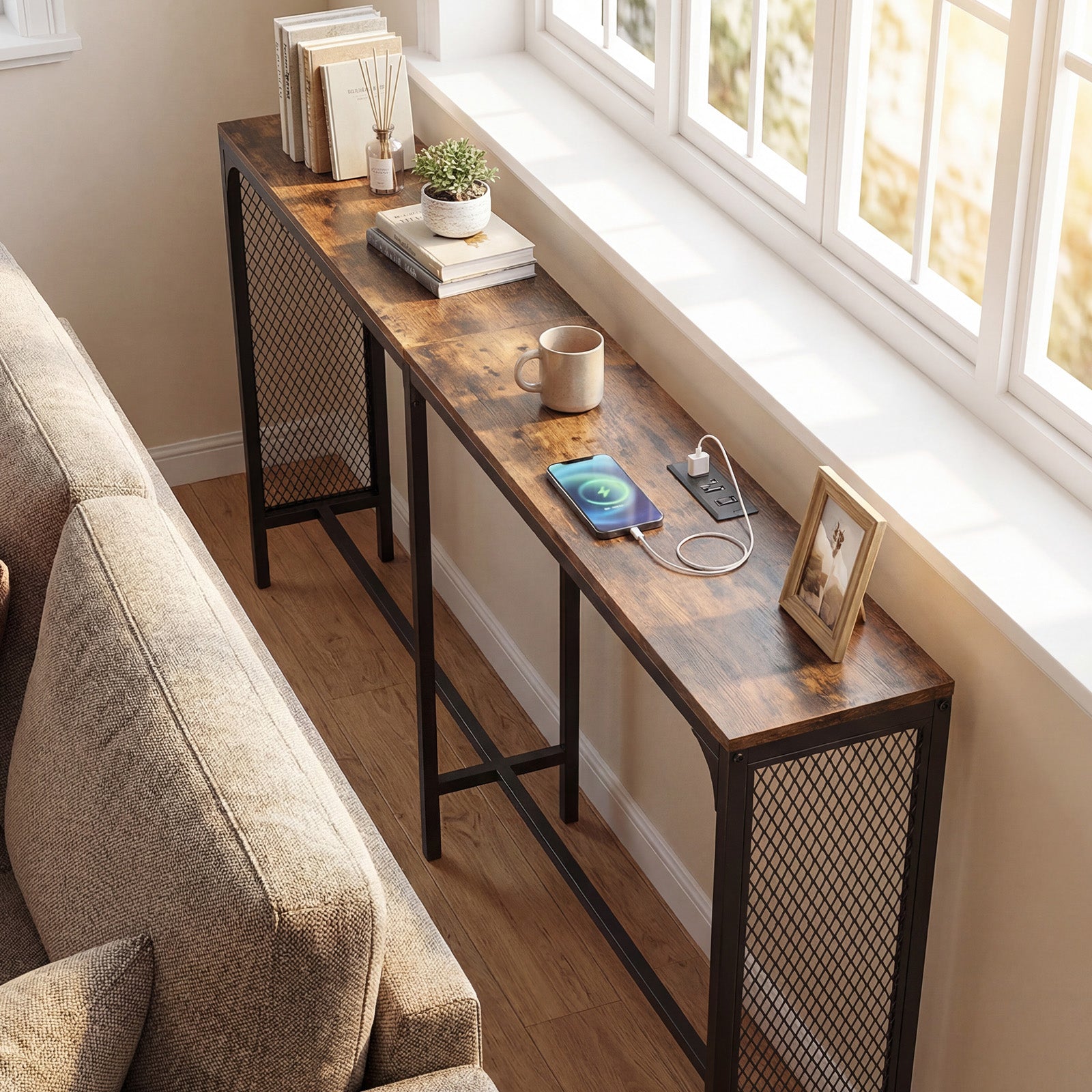 71 Inch Narrow Console Table with Power Outlet for Small Space, Rustic Brown Console Tables at Gallery Canada