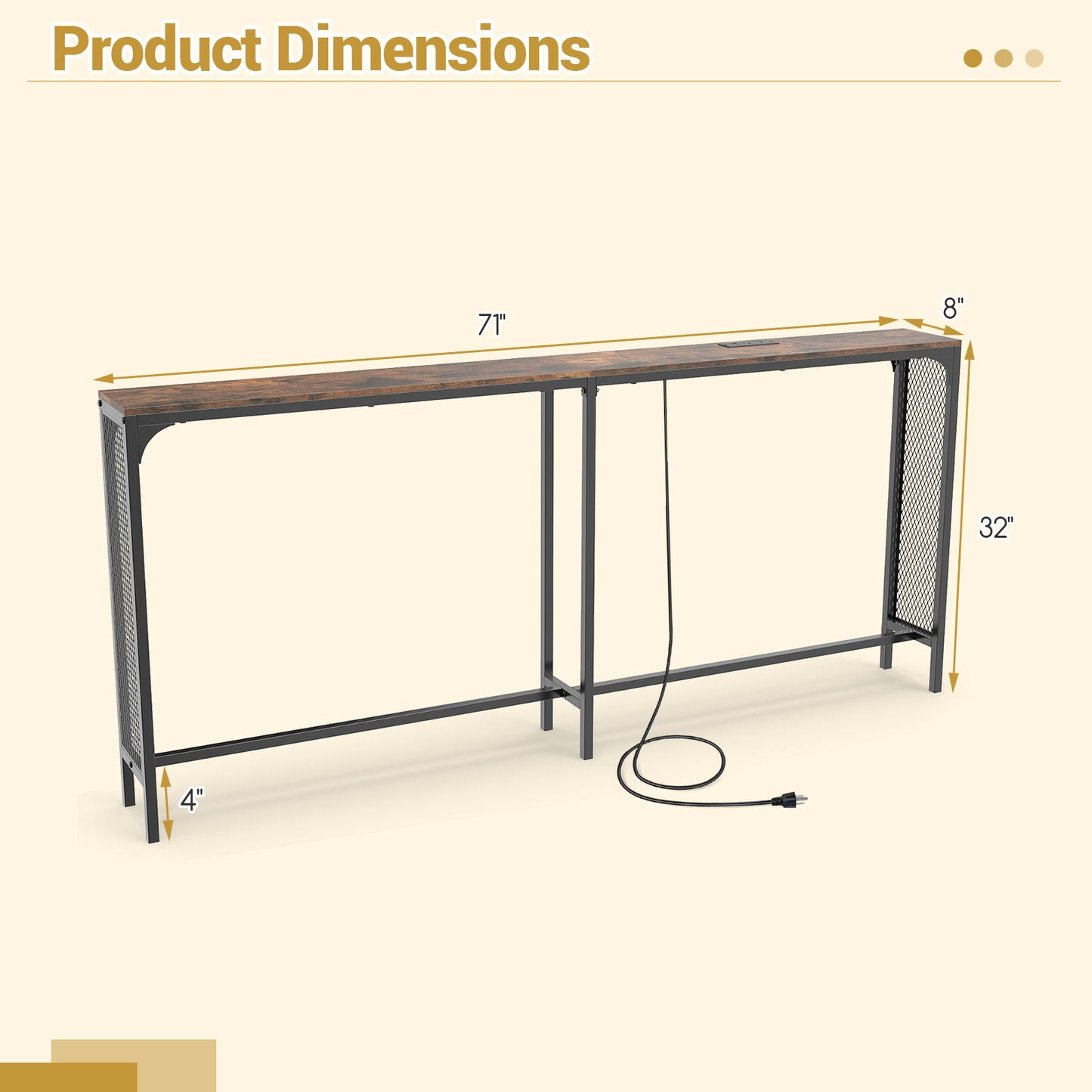 71 Inch Narrow Console Table with Power Outlet for Small Space, Rustic Brown Console Tables at Gallery Canada