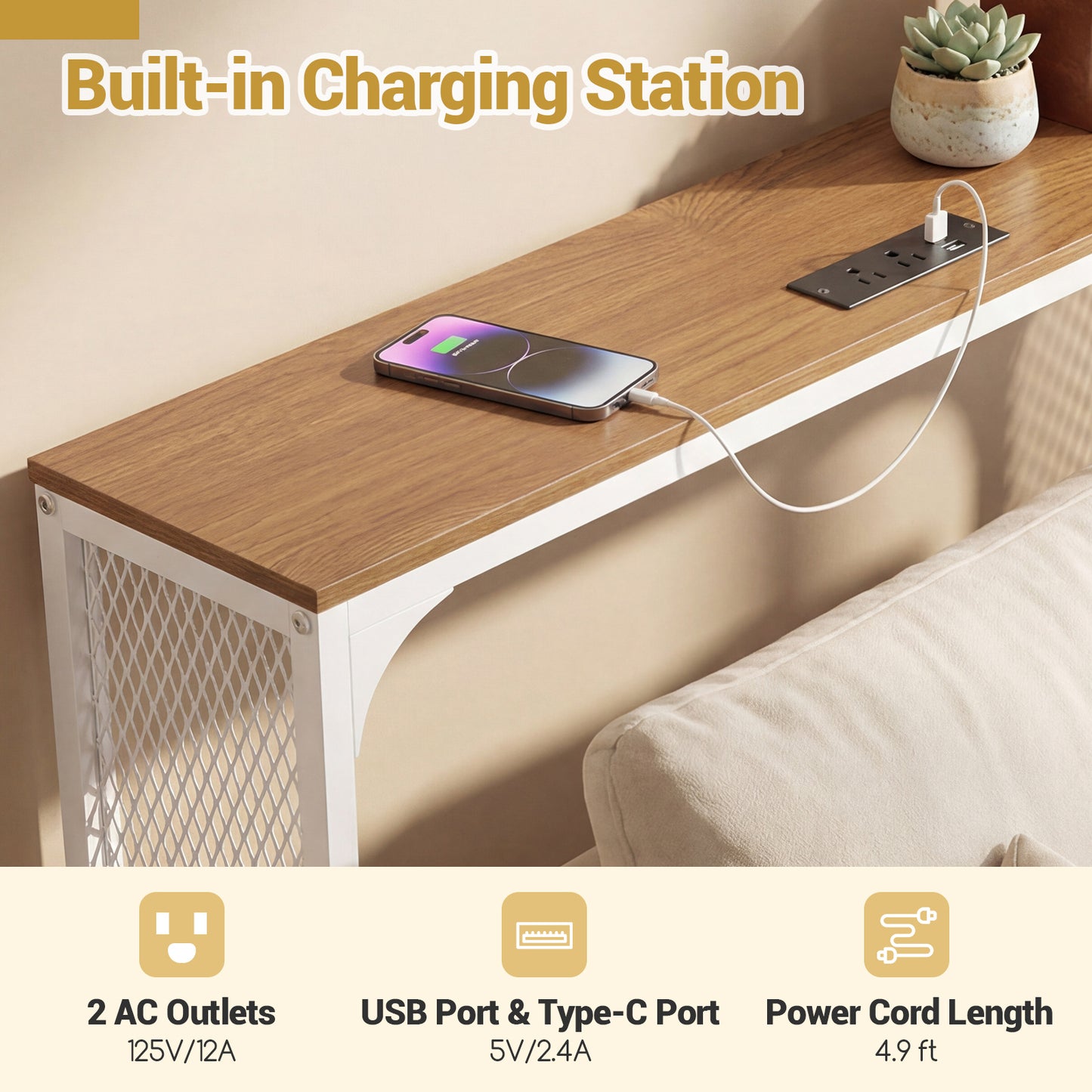 71 Inch Narrow Console Table with Power Outlet for Small Space, Natural Console Tables at Gallery Canada