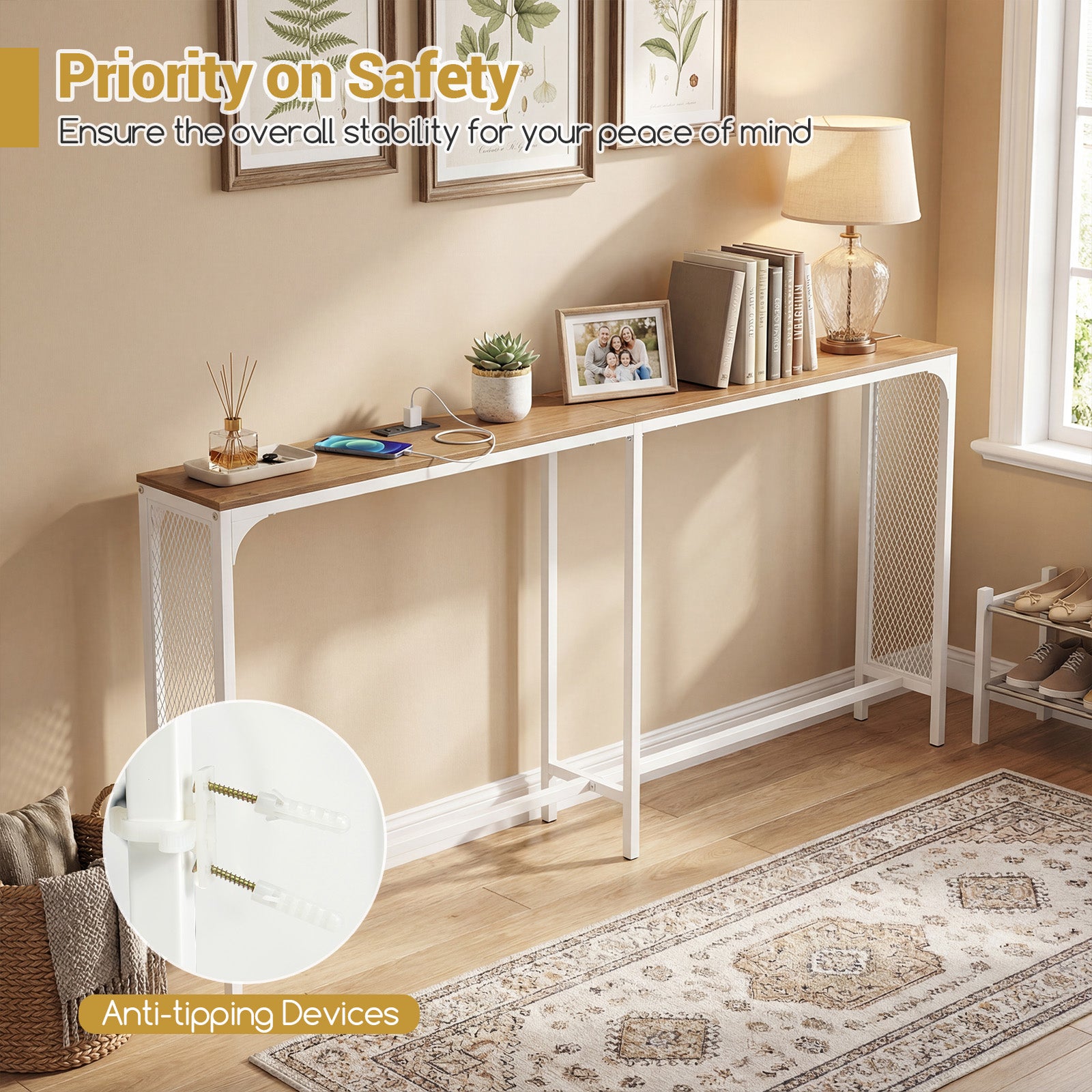 71 Inch Narrow Console Table with Power Outlet for Small Space, Natural Console Tables at Gallery Canada