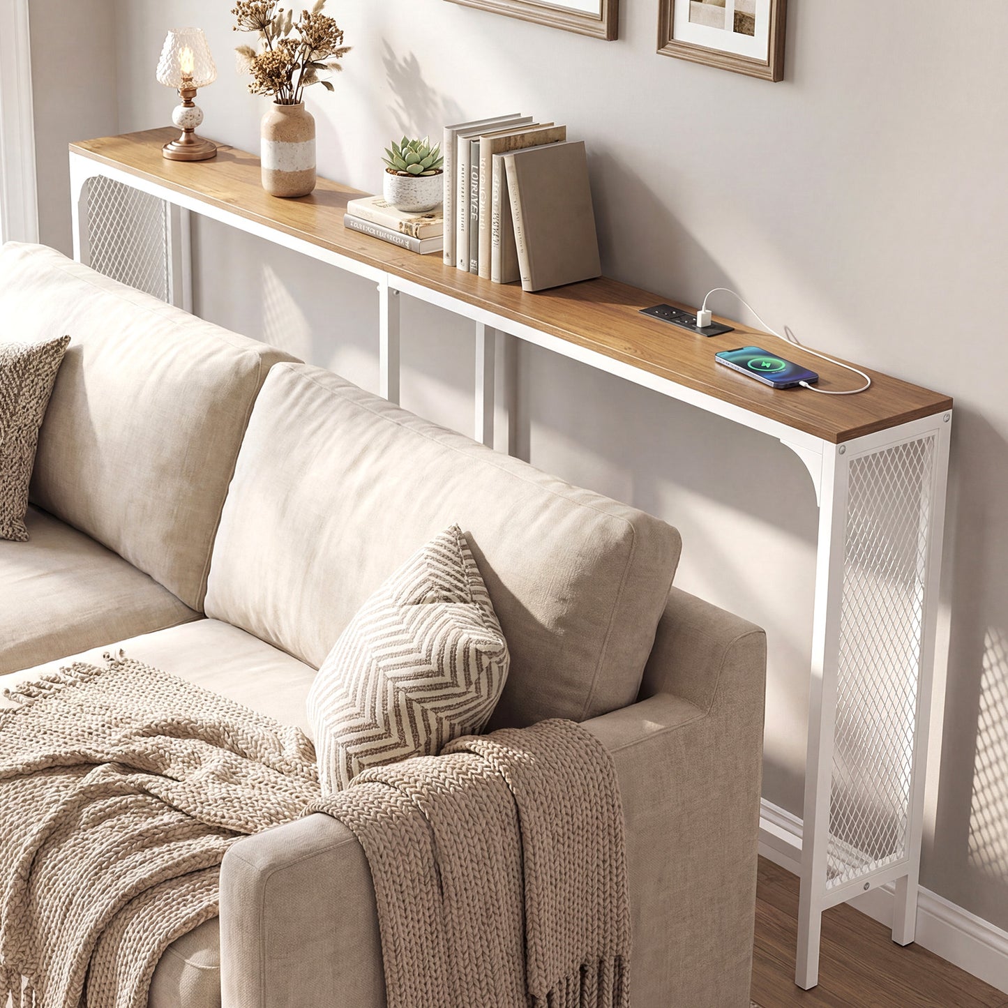 71 Inch Narrow Console Table with Power Outlet for Small Space, Natural Console Tables at Gallery Canada