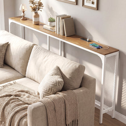 71 Inch Narrow Console Table with Power Outlet for Small Space, Natural Console Tables at Gallery Canada