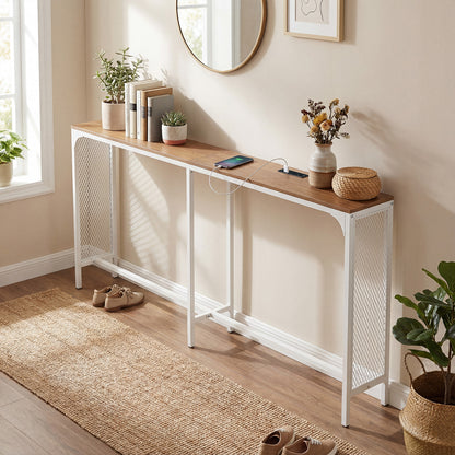 71 Inch Narrow Console Table with Power Outlet for Small Space, Natural Console Tables at Gallery Canada