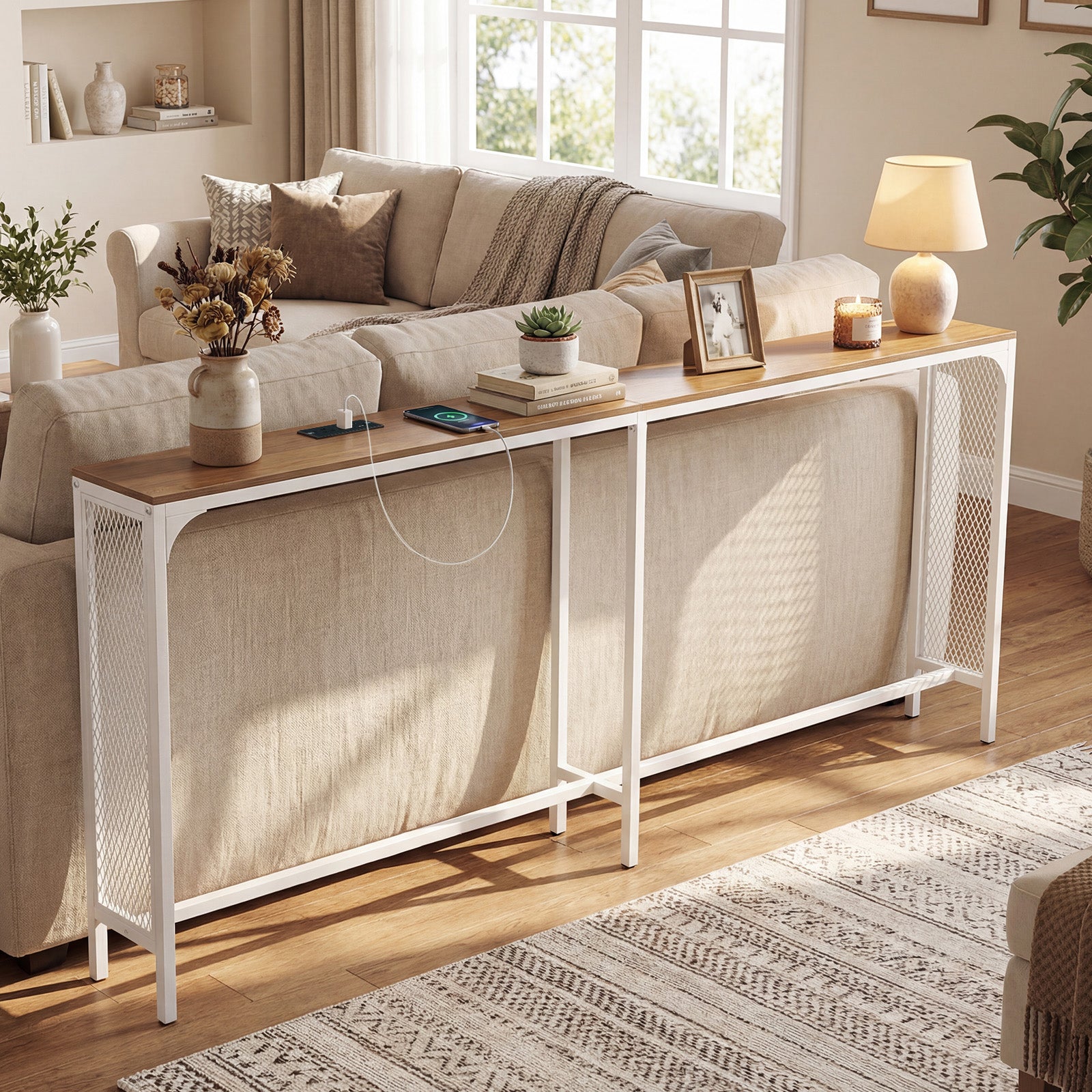 71 Inch Narrow Console Table with Power Outlet for Small Space, Natural Console Tables at Gallery Canada