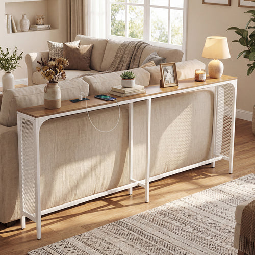 71 Inch Narrow Console Table with Power Outlet for Small Space, Natural