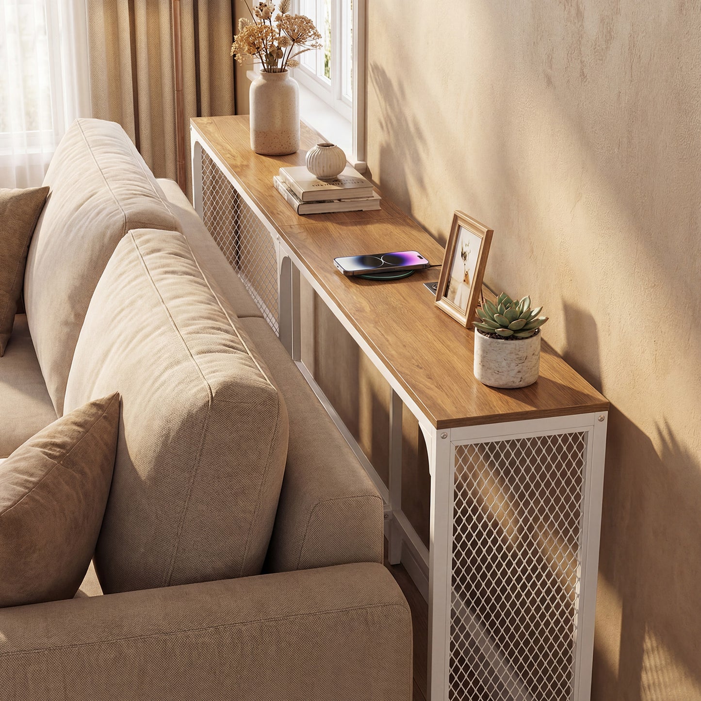 71 Inch Narrow Console Table with Power Outlet for Small Space, Natural Console Tables at Gallery Canada