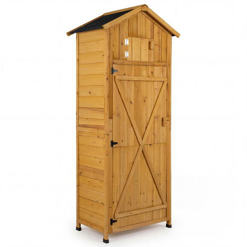 71 Inch Garden Tool Storage Cabinet, Lockable Doors, Foldable Table, Natural