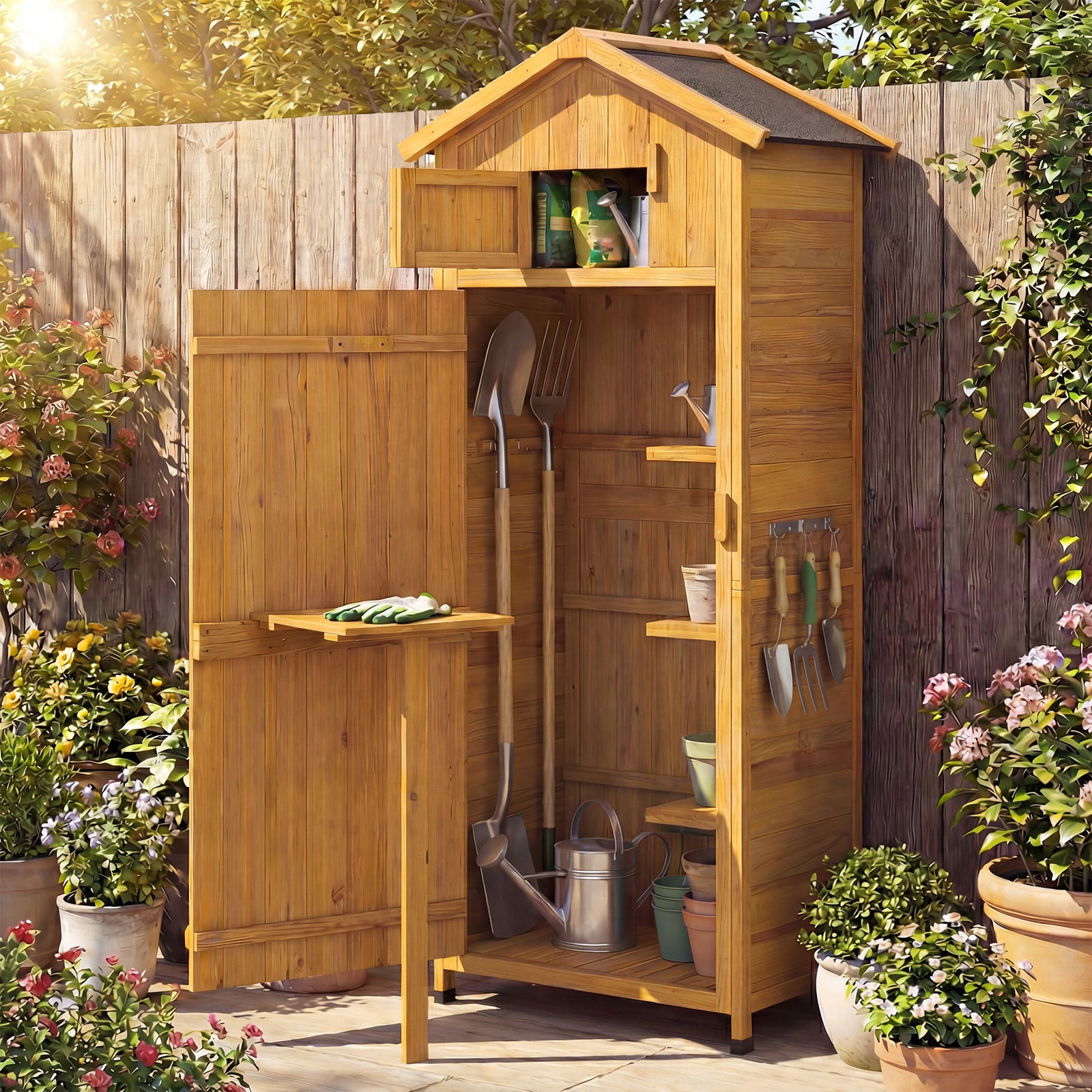 71 Inch Garden Tool Storage Cabinet, Lockable Doors, Foldable Table, Natural Sheds & Outdoor Storage at Gallery Canada
