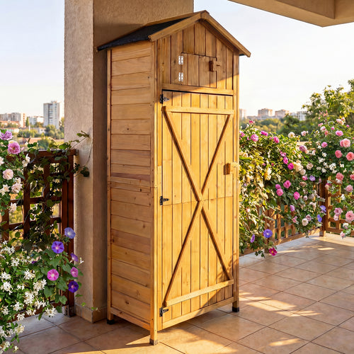 71 Inch Garden Tool Storage Cabinet, Lockable Doors, Foldable Table, Natural