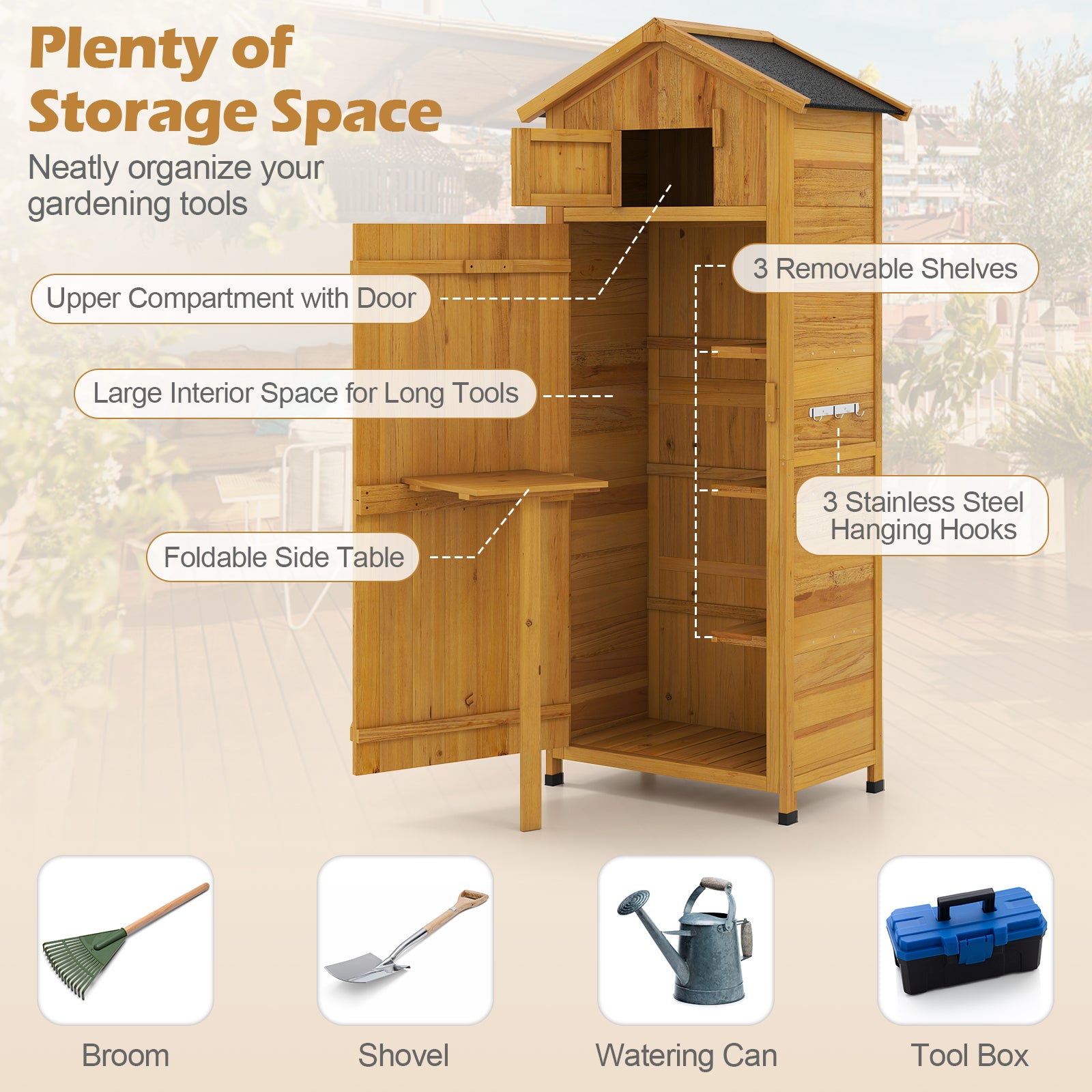 71 Inch Garden Tool Storage Cabinet, Lockable Doors, Foldable Table, Natural Sheds & Outdoor Storage at Gallery Canada