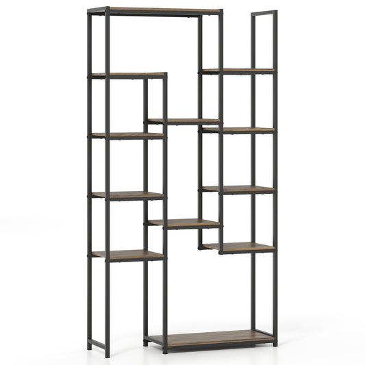 71 Inch Vintage Geometric Bookshelf, 12 Open Shelves, Walnut Bookcases Walnut at Gallery Canada