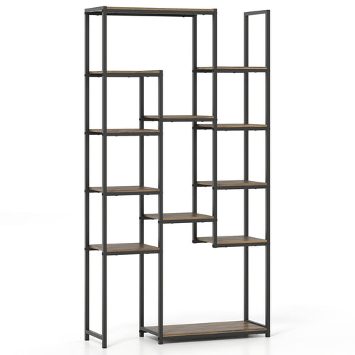 71 Inch Vintage Geometric Bookshelf, 12 Open Shelves, Walnut