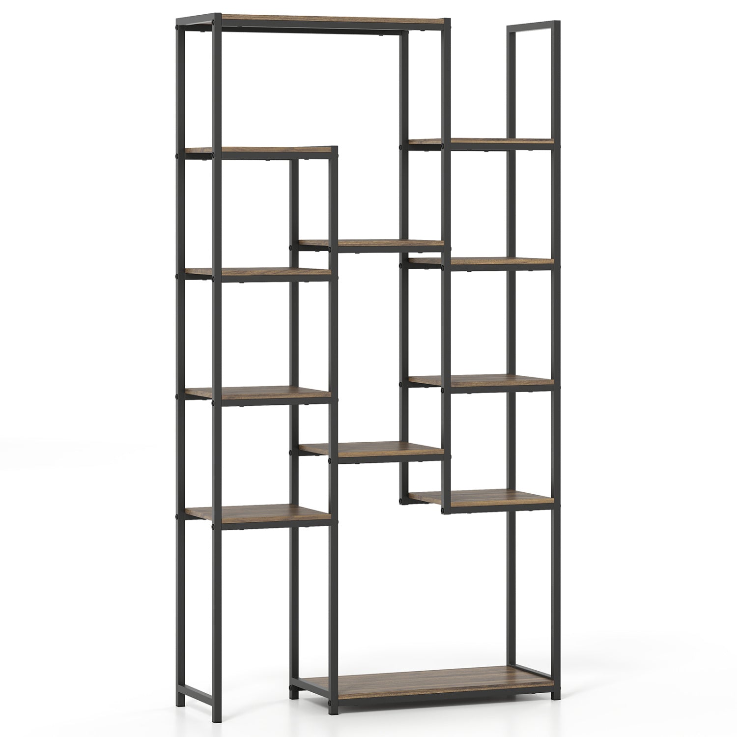 71 Inch Vintage Geometric Bookshelf, 12 Open Shelves, Walnut Bookcases Walnut at Gallery Canada