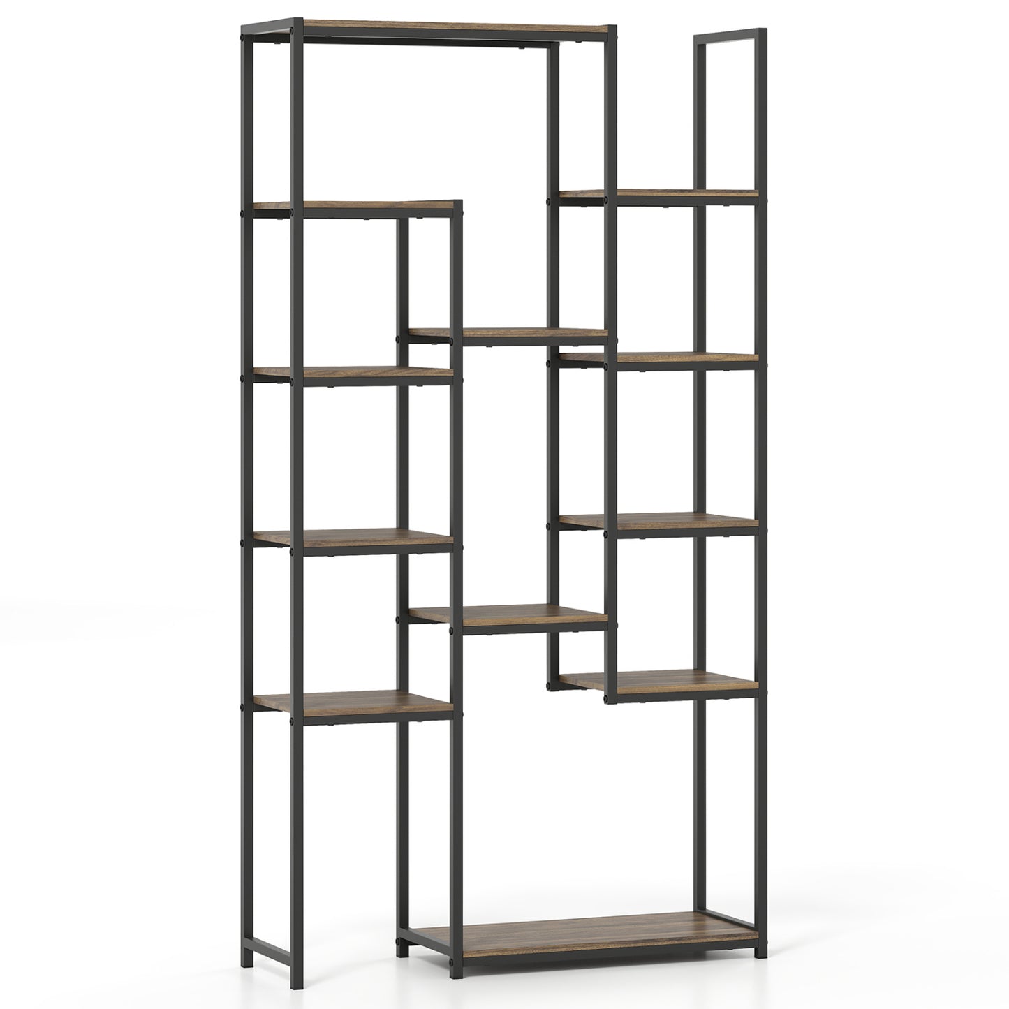 71 Inch Vintage Geometric Bookshelf, 12 Open Shelves, Walnut Bookcases Walnut at Gallery Canada
