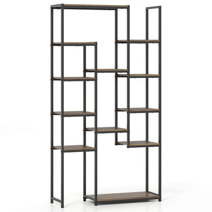 71 Inch Vintage Geometric Bookshelf, 12 Open Shelves, Walnut Bookcases Walnut at Gallery Canada