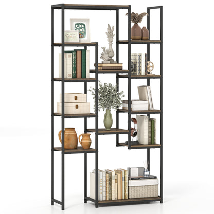 71 Inch Vintage Geometric Bookshelf, 12 Open Shelves, Walnut Bookcases at Gallery Canada
