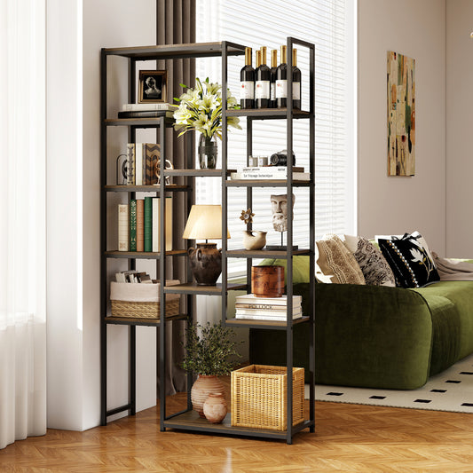 71 Inch Vintage Geometric Bookshelf, 12 Open Shelves, Walnut Bookcases Walnut at Gallery Canada