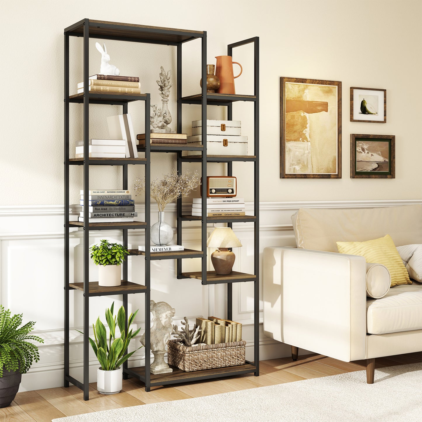 71 Inch Vintage Geometric Bookshelf, 12 Open Shelves, Walnut Bookcases at Gallery Canada