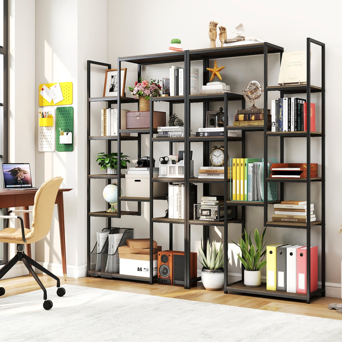 71 Inch Vintage Geometric Bookshelf, 12 Open Shelves, Walnut Bookcases at Gallery Canada