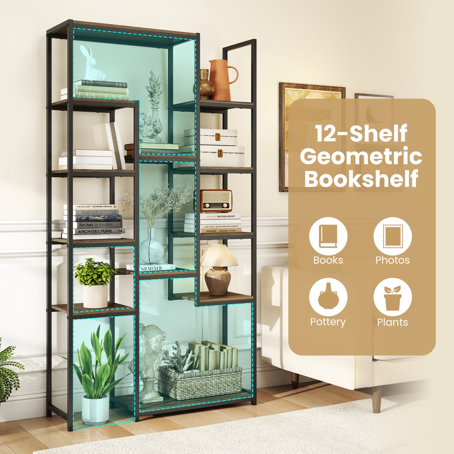 71 Inch Vintage Geometric Bookshelf, 12 Open Shelves, Walnut Bookcases at Gallery Canada