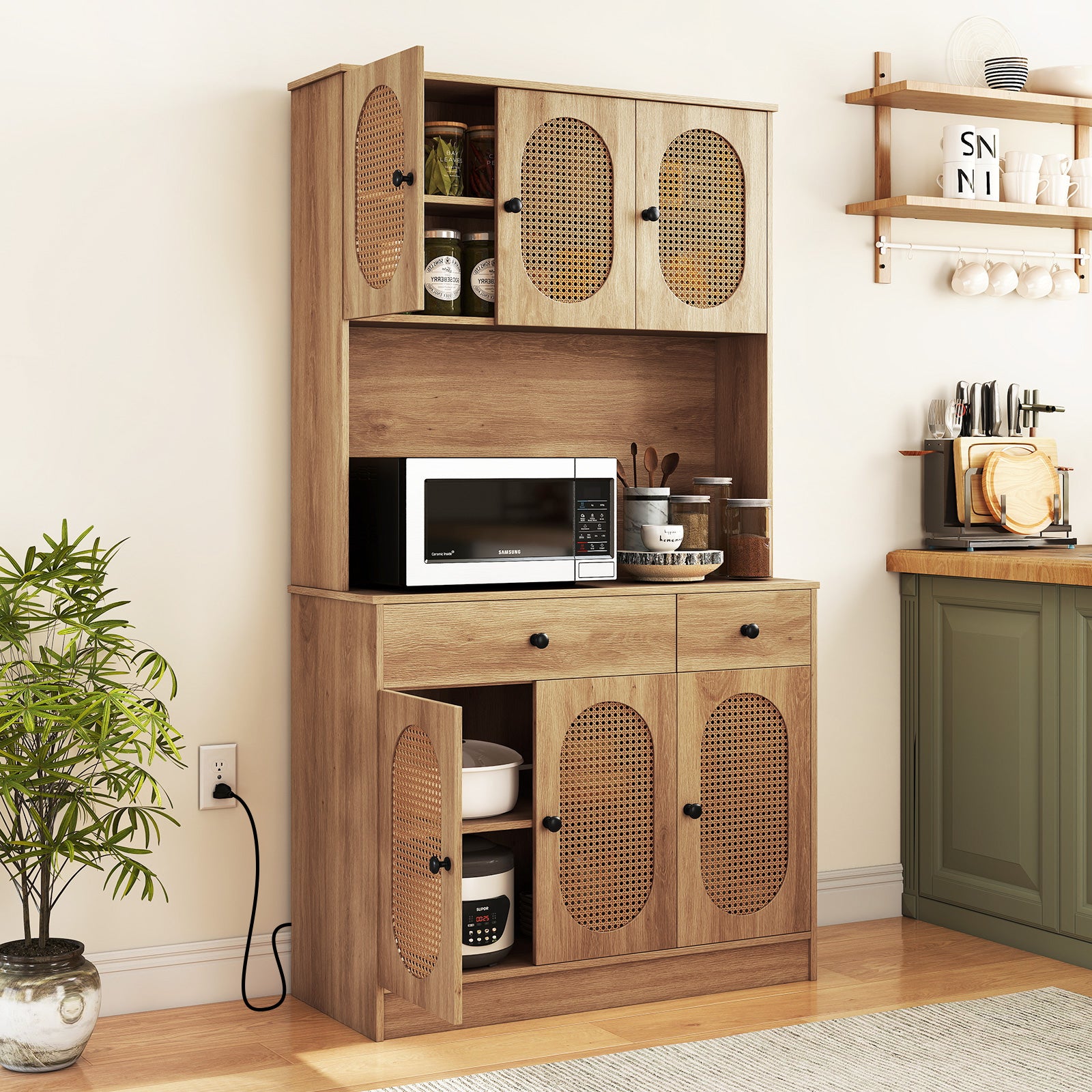 71 Inches Pantry Cabinet with Hutch and Charging Station, Natural Sideboards Cabinets & Buffets at Gallery Canada