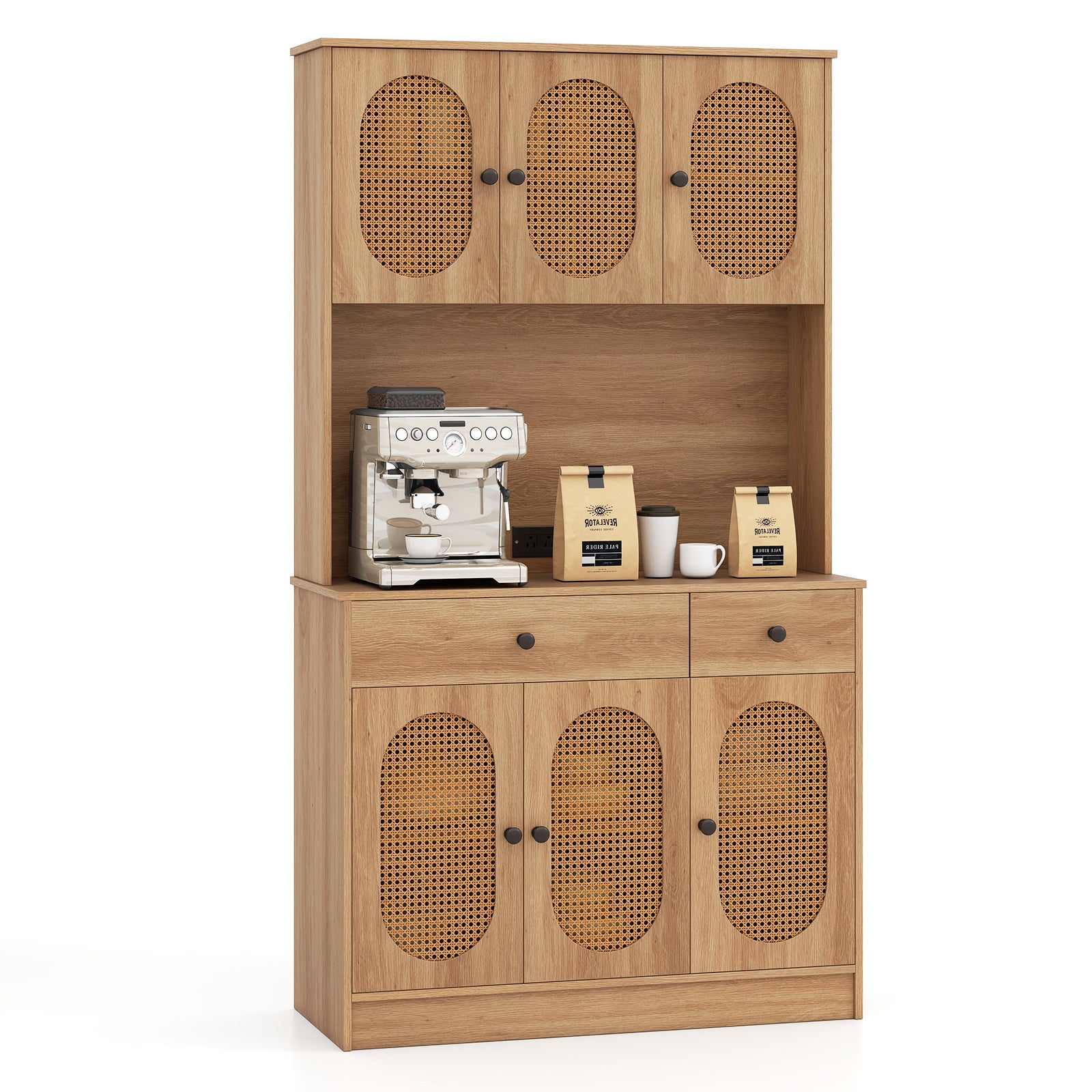 71 Inches Pantry Cabinet with Hutch and Charging Station, Natural Sideboards Cabinets & Buffets Natural at Gallery Canada