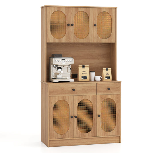 71 Inches Pantry Cabinet with Hutch and Charging Station, Natural Sideboards Cabinets & Buffets Natural at Gallery Canada