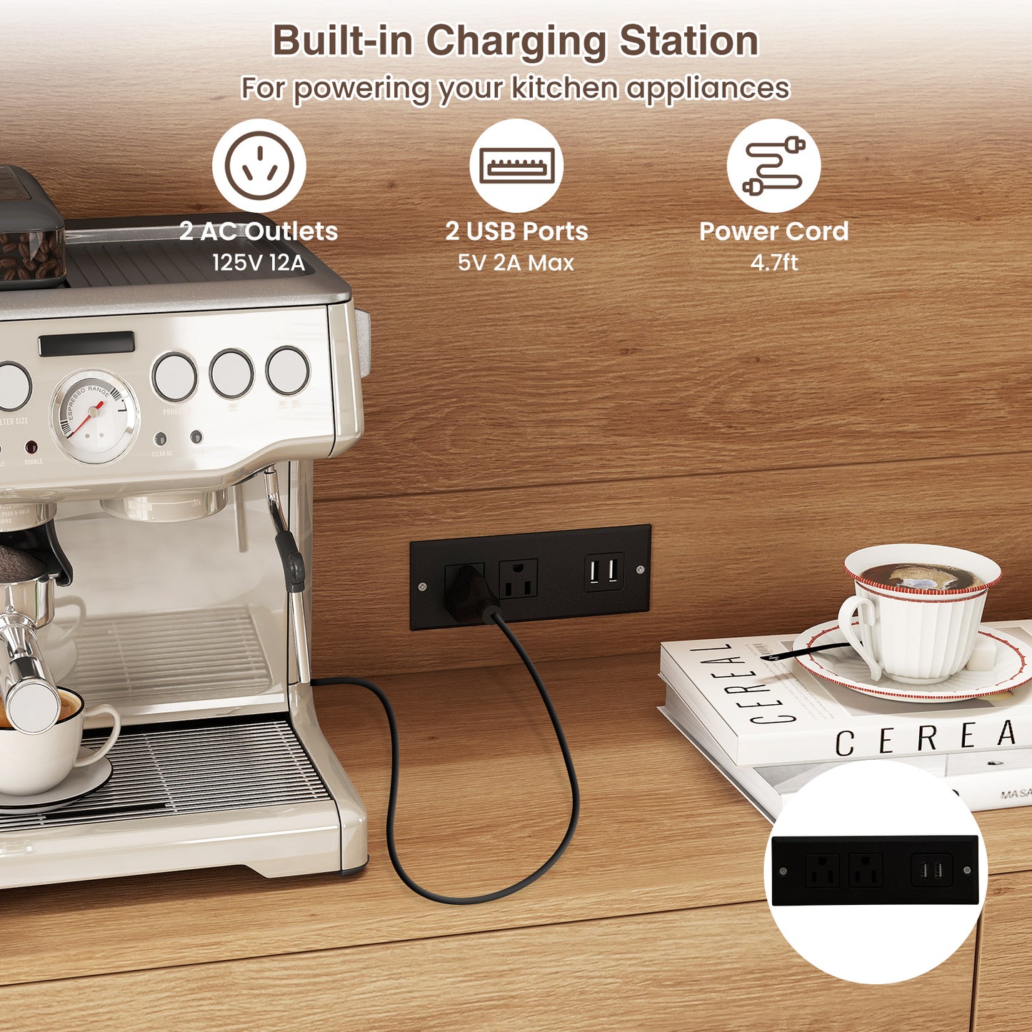 71 Inches Pantry Cabinet with Hutch and Charging Station, Natural Sideboards Cabinets & Buffets at Gallery Canada