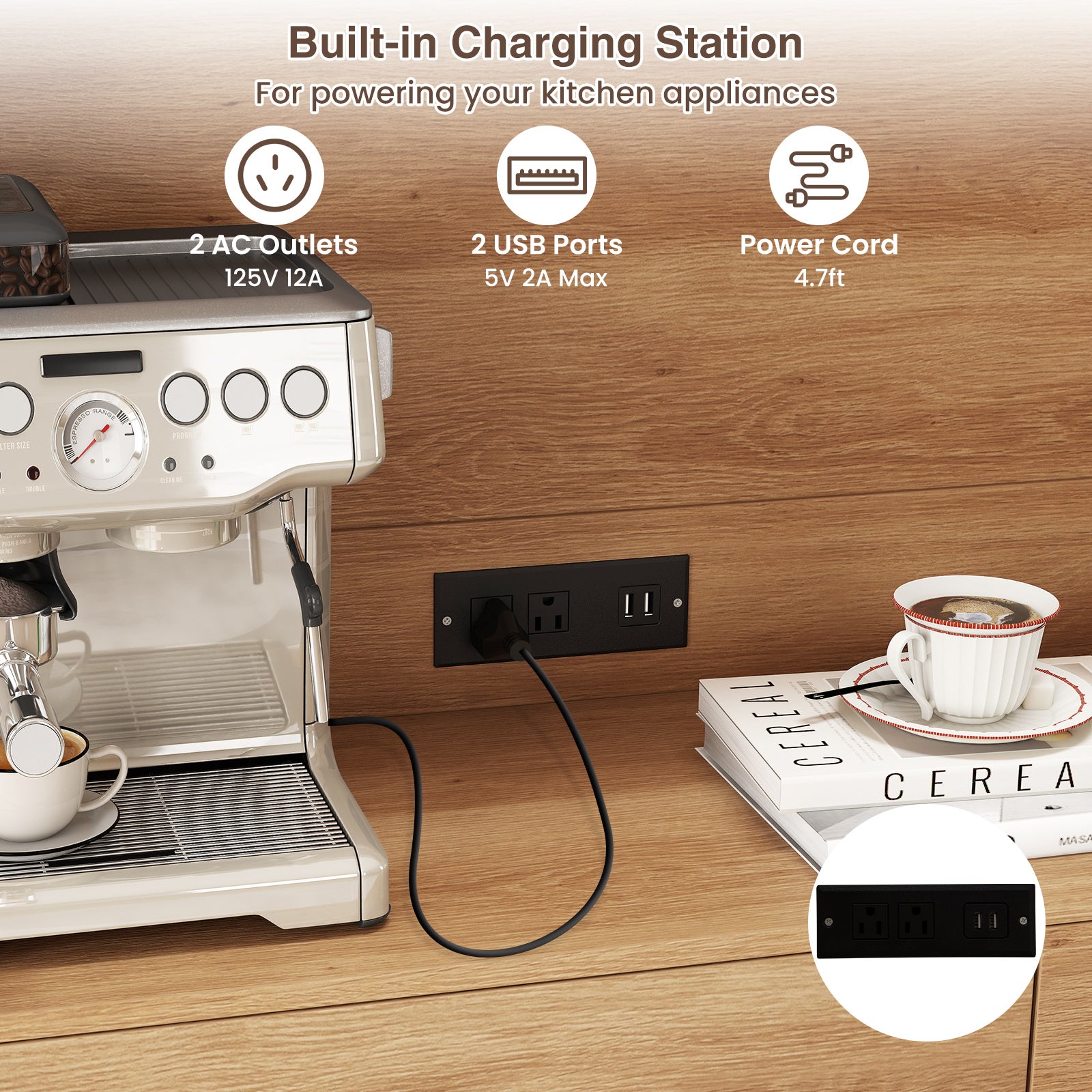 71 Inches Pantry Cabinet with Hutch and Charging Station, Natural Sideboards Cabinets & Buffets at Gallery Canada