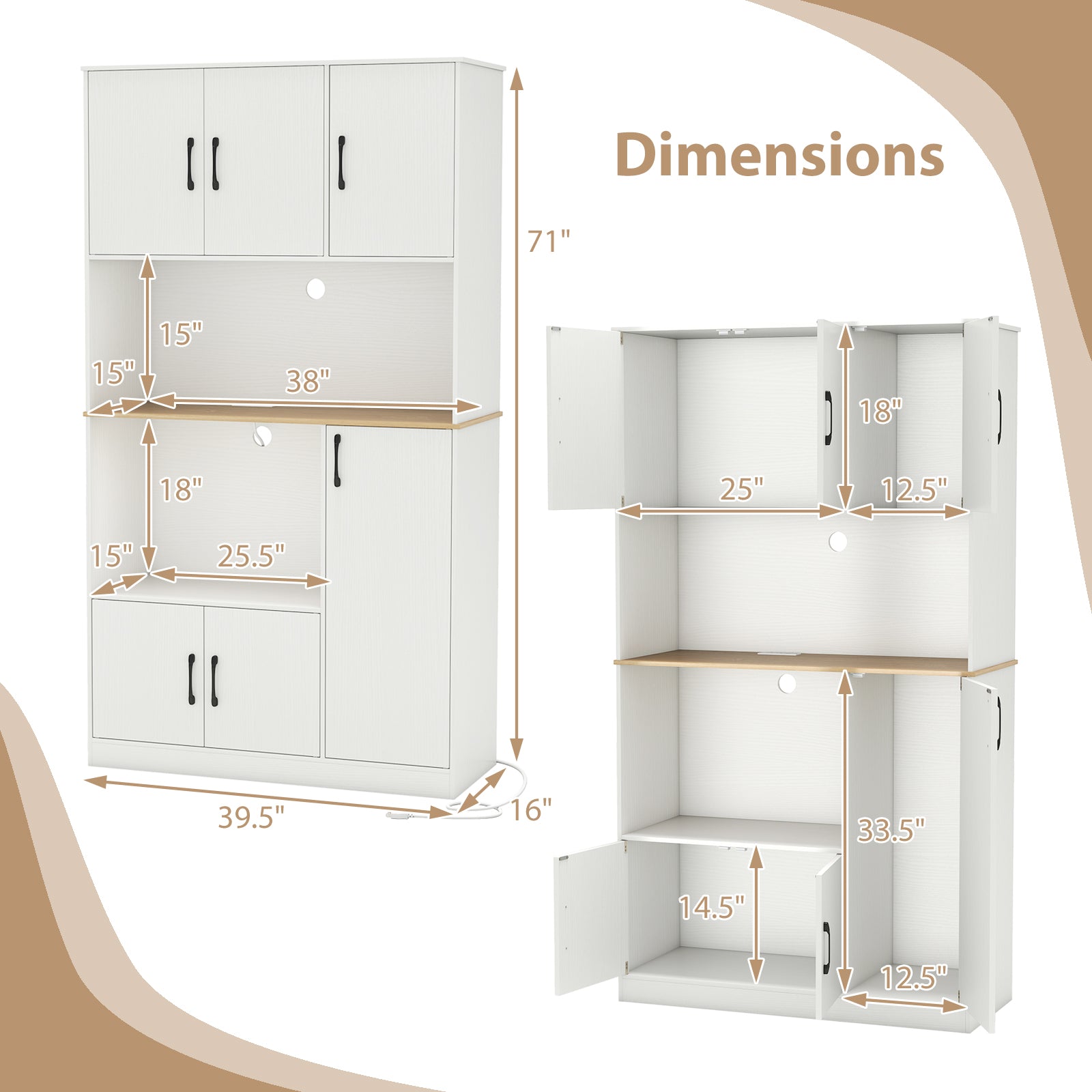 71" Tall Kitchen Pantry Cabinet with Charging Station Wooden Buffet Cupboard Sideboard, White Sideboards Cabinets & Buffets at Gallery Canada