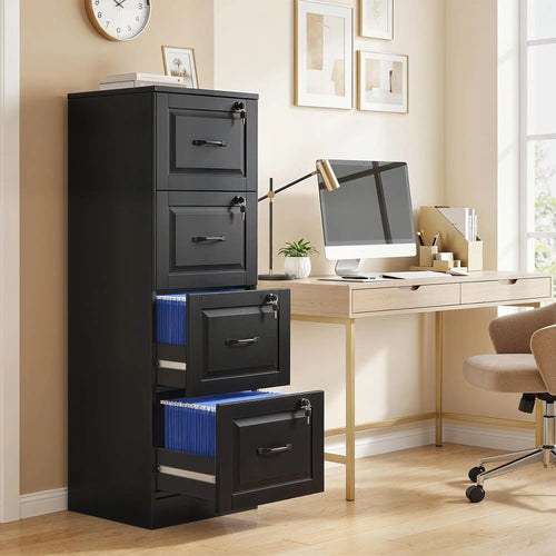 4 Drawer File Cabinet With Lock, Adjustable Hanging Bars, Black