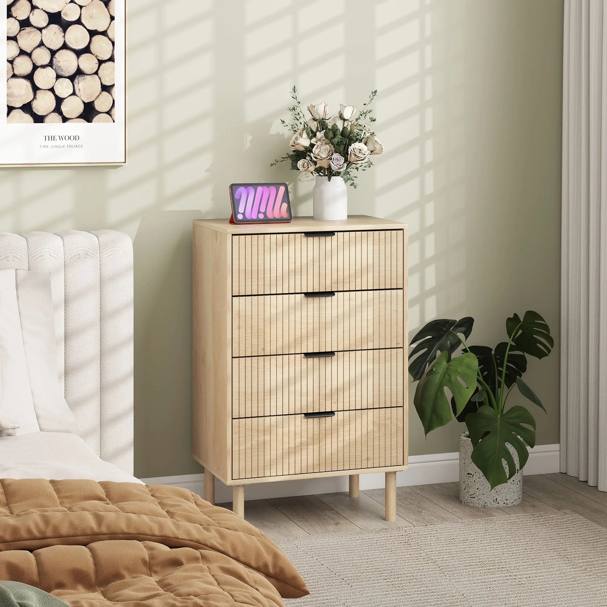 4 Drawer Dresser, Fluted Panels, Solid Wood Legs, Oak Storage Cabinets at Gallery Canada