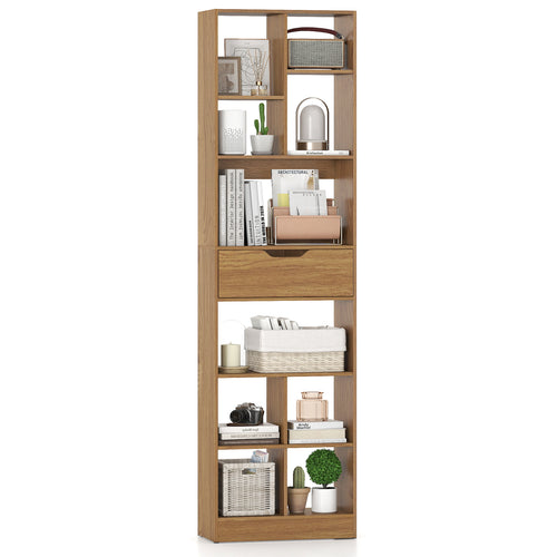 71inch Tall Freestanding Bookcase with Drawer 10-Cube Storage Organizer, Natural