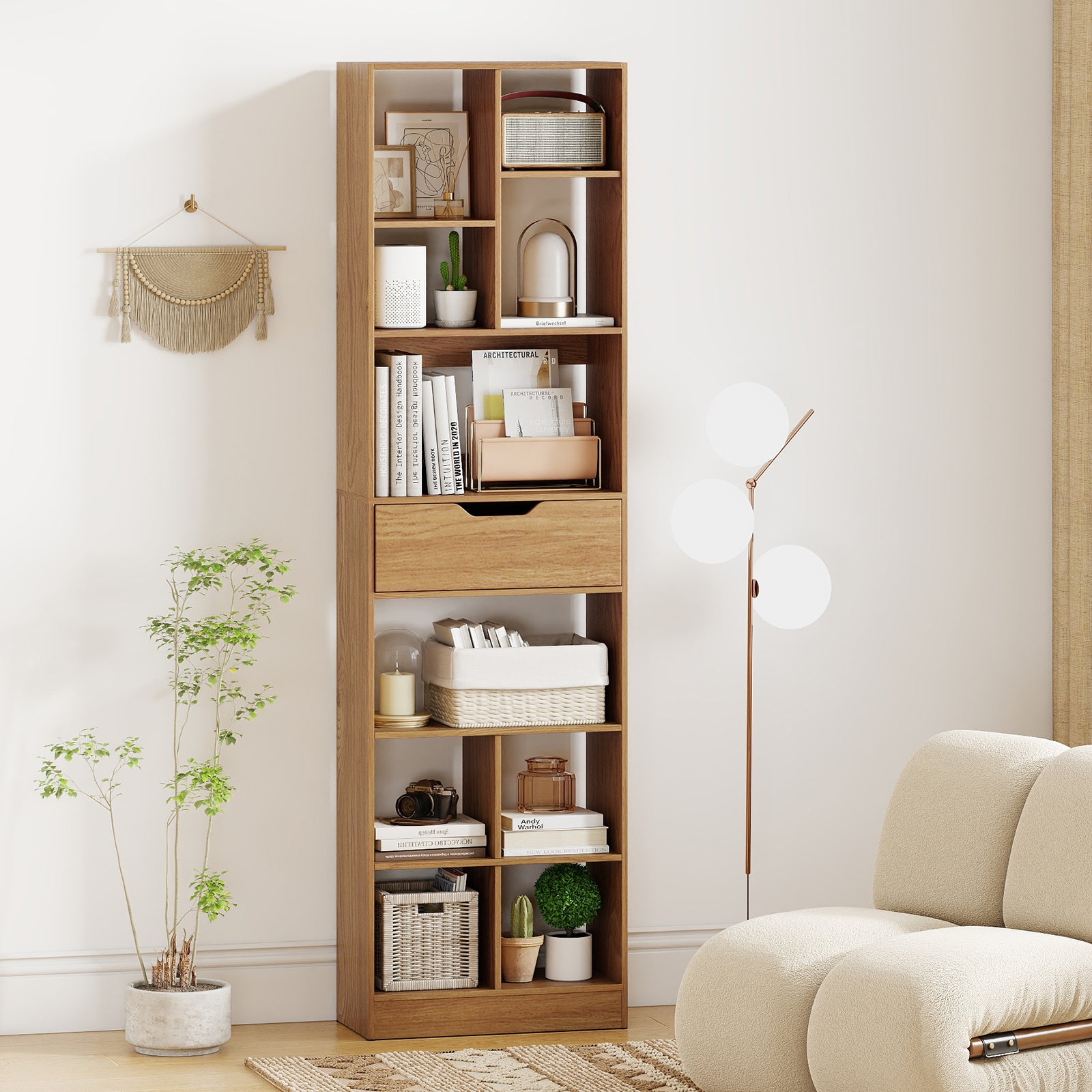 71inch Tall Freestanding Bookcase with Drawer 10-Cube Storage Organizer, Natural Bookcases at Gallery Canada