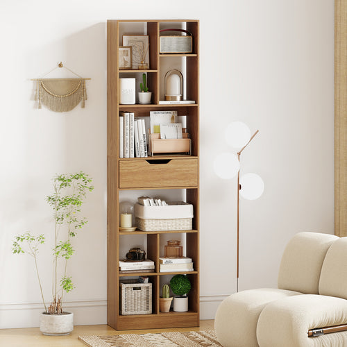 71inch Tall Freestanding Bookcase with Drawer 10-Cube Storage Organizer, Natural