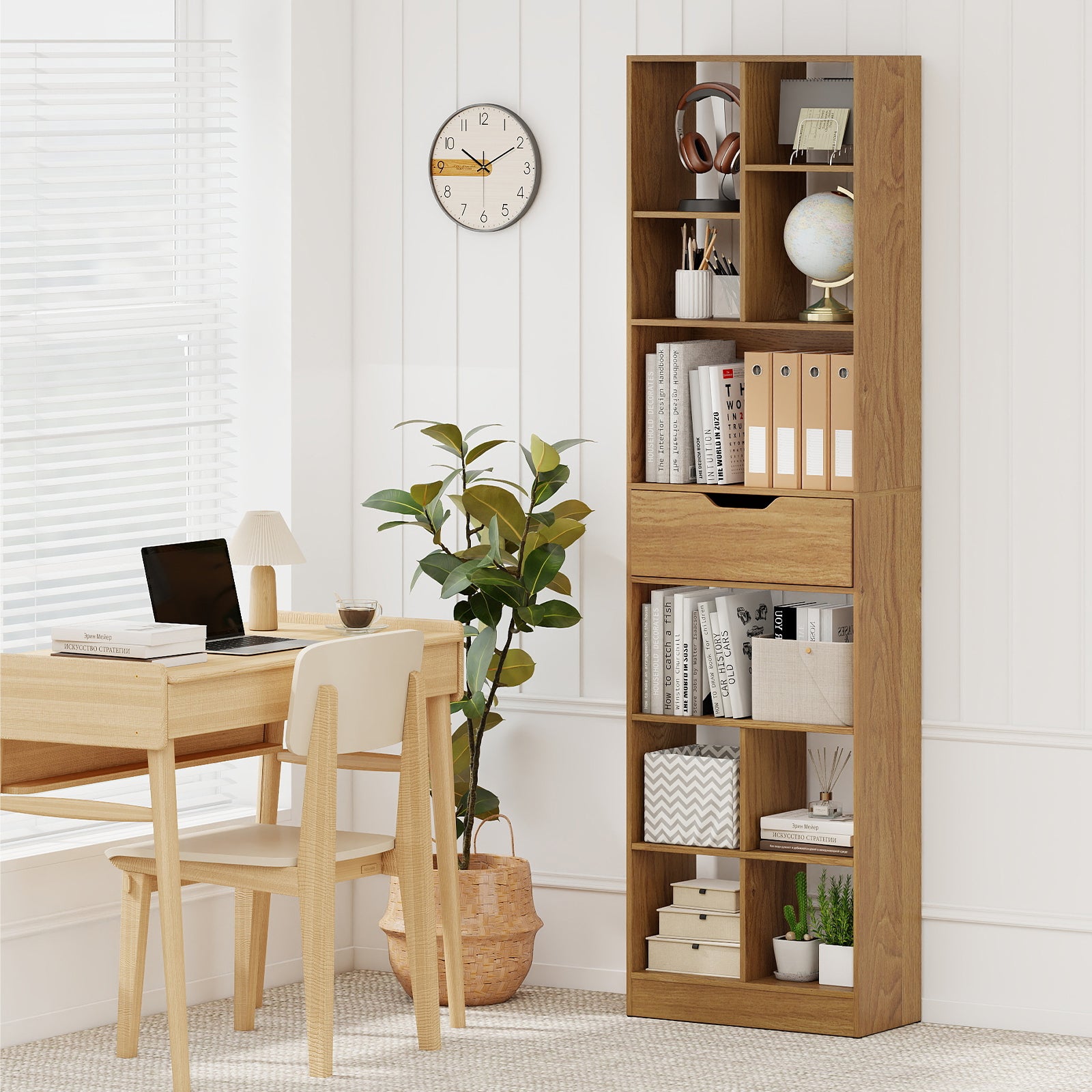 71inch Tall Freestanding Bookcase with Drawer 10-Cube Storage Organizer, Natural Bookcases at Gallery Canada