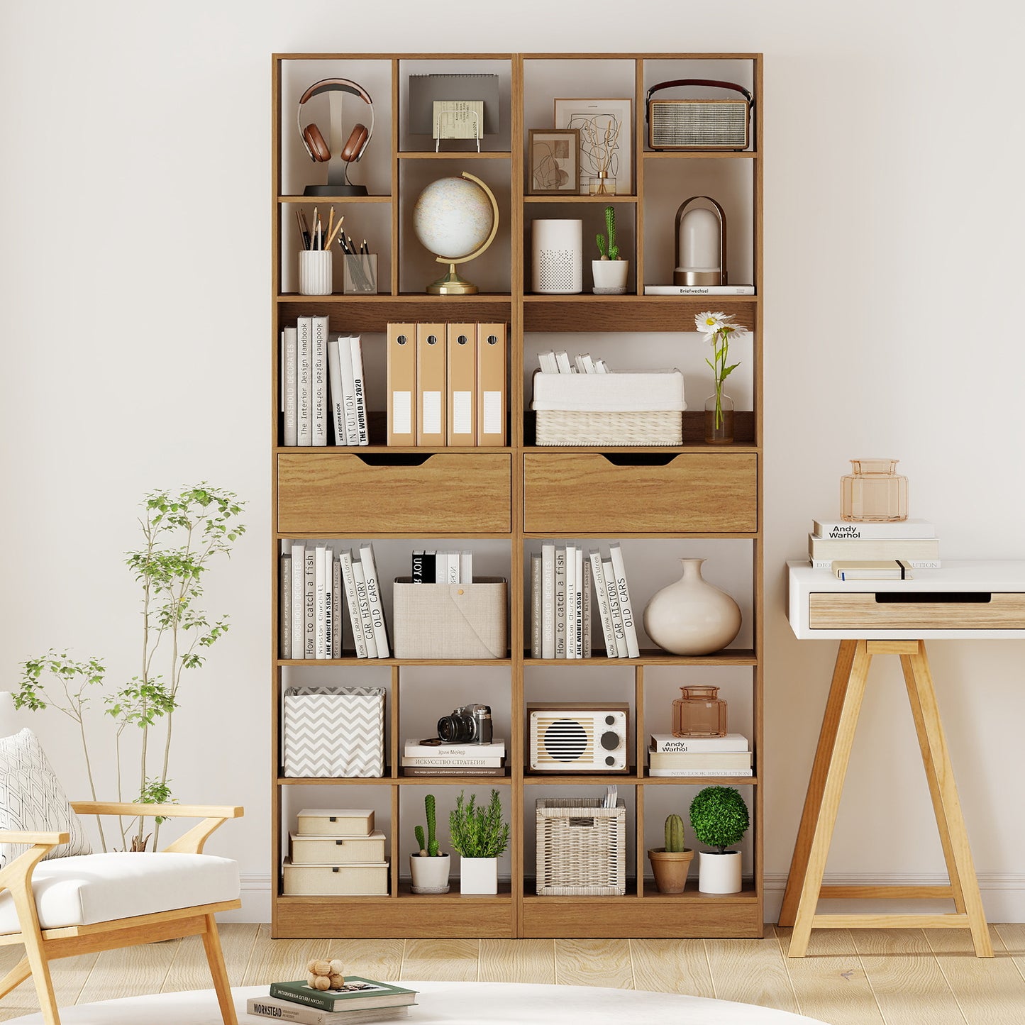 71inch Tall Freestanding Bookcase with Drawer 10-Cube Storage Organizer, Natural Bookcases at Gallery Canada