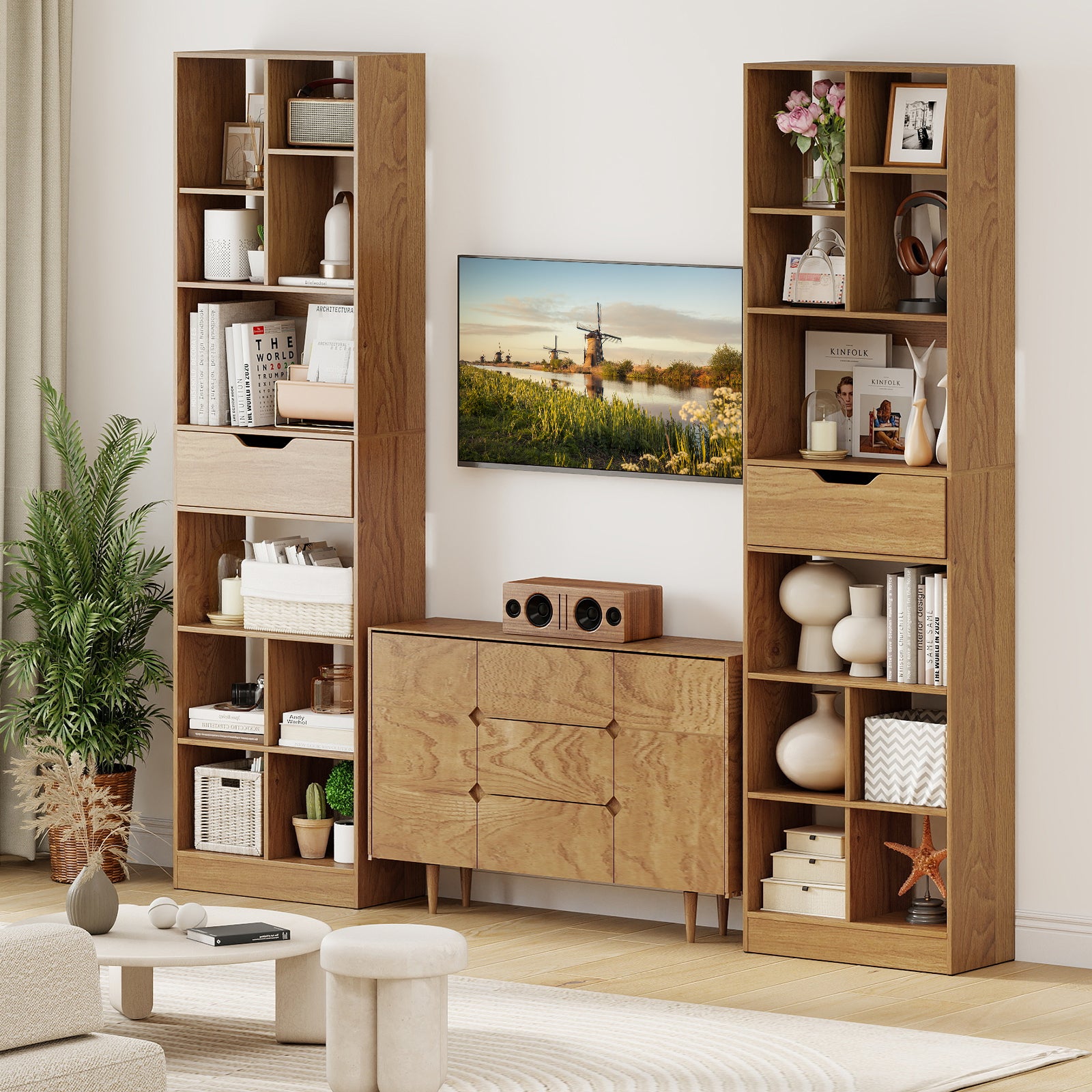 71inch Tall Freestanding Bookcase with Drawer 10-Cube Storage Organizer, Natural Bookcases at Gallery Canada