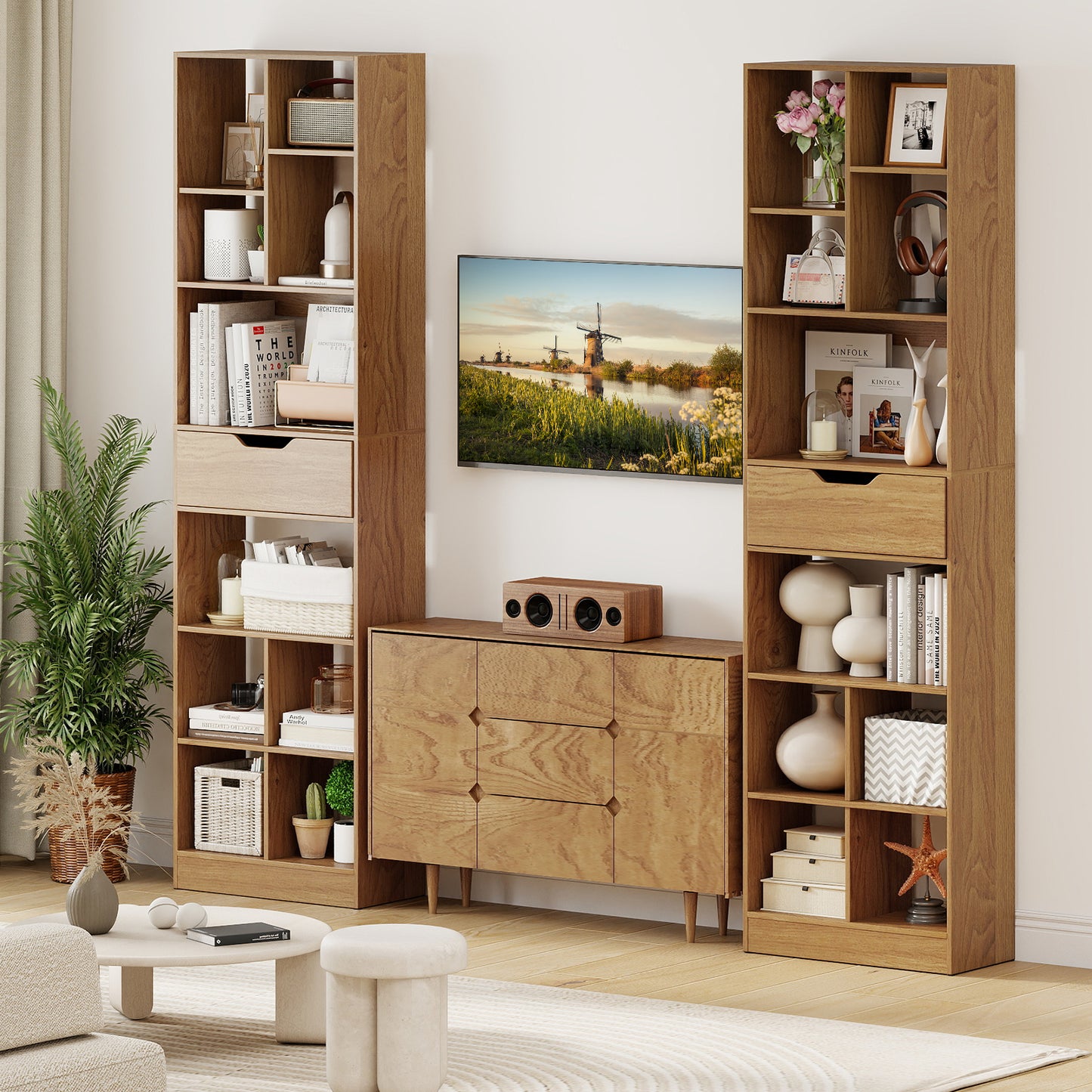 71inch Tall Freestanding Bookcase with Drawer 10-Cube Storage Organizer, Natural Bookcases at Gallery Canada