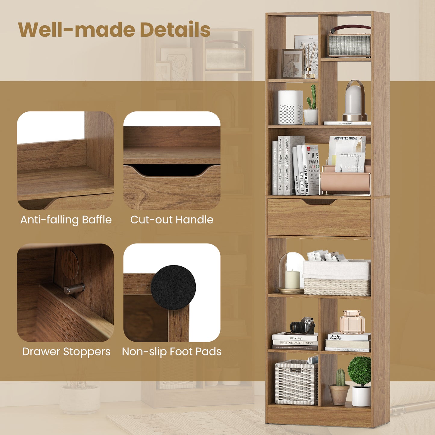 71inch Tall Freestanding Bookcase with Drawer 10-Cube Storage Organizer, Natural Bookcases at Gallery Canada