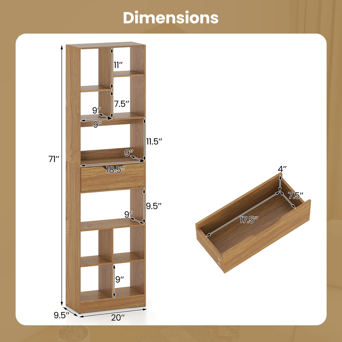 71inch Tall Freestanding Bookcase with Drawer 10-Cube Storage Organizer, Natural Bookcases at Gallery Canada