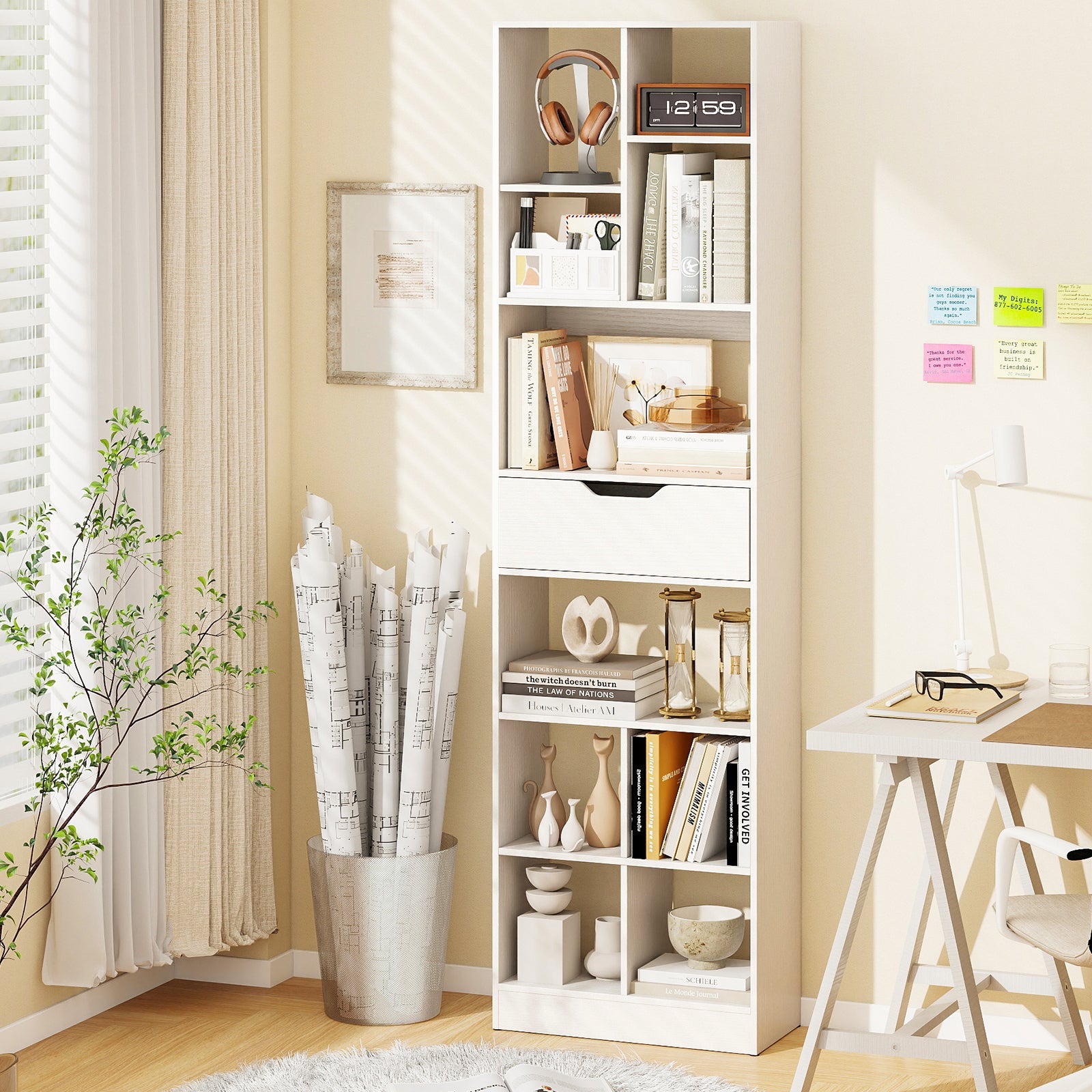 71inch Tall Freestanding Bookcase with Drawer 10-Cube Storage Organizer, White Bookcases at Gallery Canada